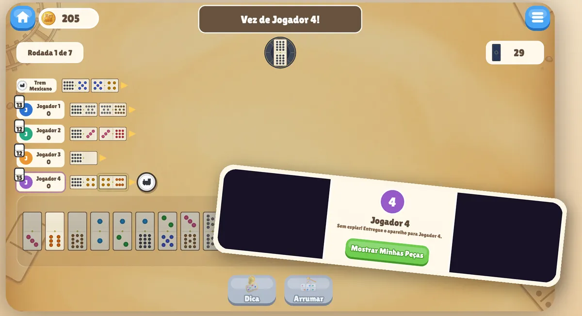 Modo Pass & Play do Dominó Trem Mexicano: uma tela de passagem cobre as pedras e pede que o aparelho seja entregue ao jogador 2 sem ninguém espiar