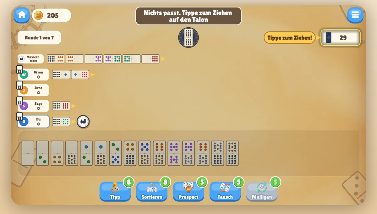 Laufende Partie Mexican Train Domino: der gemeinsame Mexican Train und die persönlichen Züge aller Spieler zweigen von der Doppel-12 in der Mitte ab, unten die eigenen Steine
