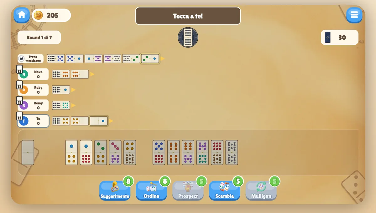 Partita di Mexican Train in corso: il Mexican Train condiviso e il treno personale di ogni giocatore partono dal motore doppio 12 al centro, con le tue tessere in basso